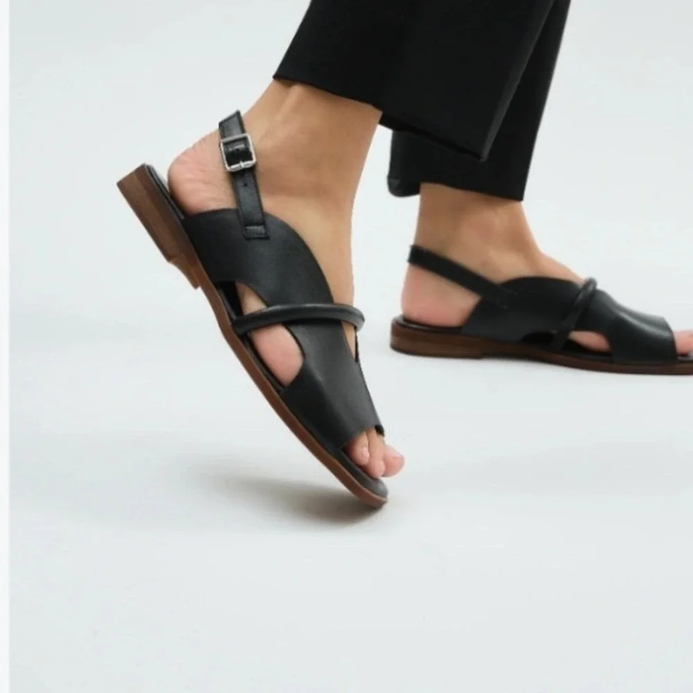 Lonza Bergen Black Leather Square Toe Slingback Sandals Women Size 39 EU